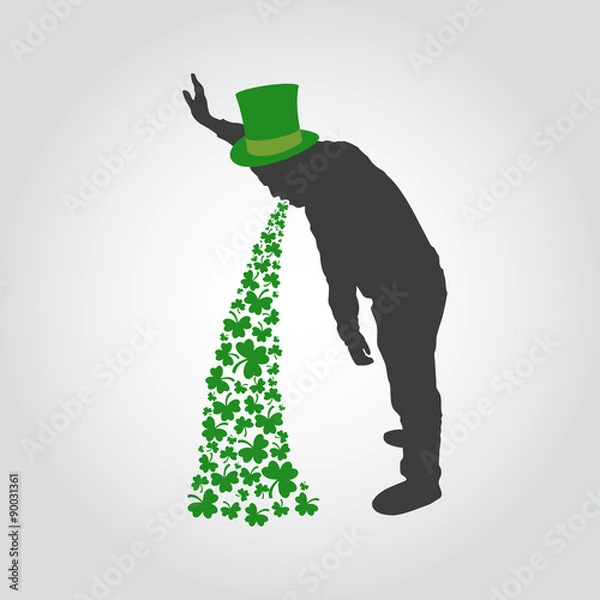 Fototapeta St Patrick day icon, drunk man sick with clover, vector