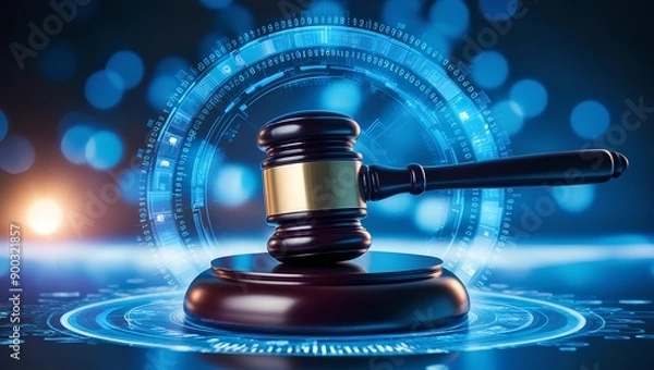 Fototapeta High Tech Blue Digital Gavel Surrounded by Digital Data on Blue Bokeh Background, Representing the Justice. judge hammer.
