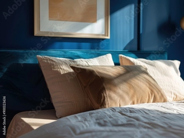 Fototapeta A bed with a blue wall and a picture on it. The bed has two pillows, one of which is brown