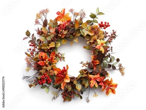 Fototapeta This fall wreath features vibrant faux leaves and berries, perfect for adding seasonal charm to any door