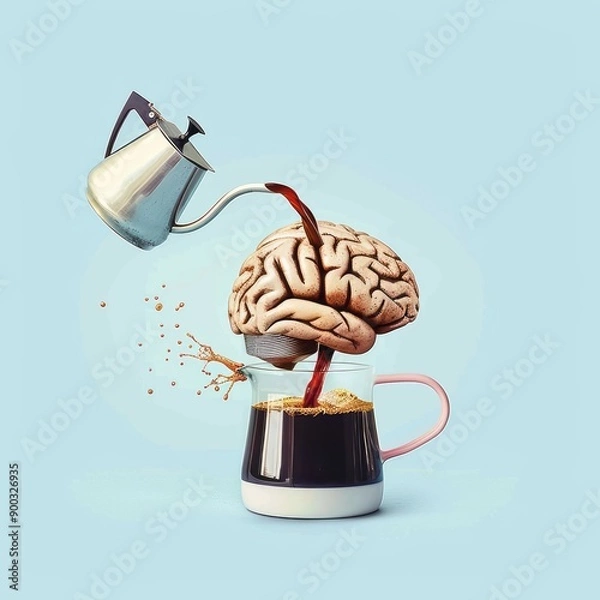 Fototapeta A brain-shaped coffee pot pouring coffee into itself on a simple background with a minimalistic design. 