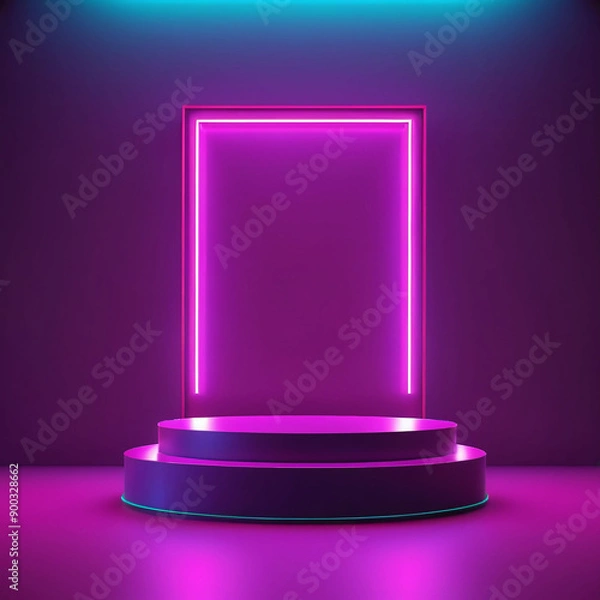 Fototapeta Empty podium pedestal for product showcase with cyberpunk purple color theme neon line gradient, modern robotic cyber, mecha concept