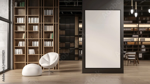 Fototapeta high-quality image of a modern library interior featuring an empty poster mockup for copy space.