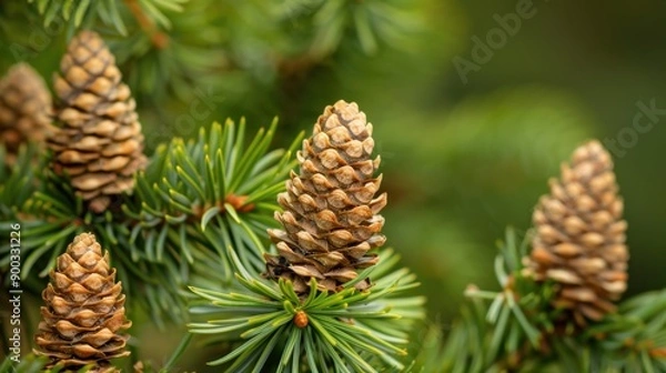Fototapeta Douglas Fir (Pseudotsuga menziesii): Though not a true fir, Douglas Fir is essential for its timber and is distinguished by its cones, which have noticeable bracts.
