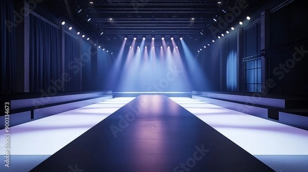 Fototapeta A runway with a blue backdrop and lights shining on it. Stage background
