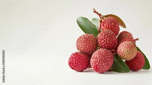Fototapeta A close-up image of a lychee bunch with green leaves on a white background. The lychee is a tropical fruit that is native to China.