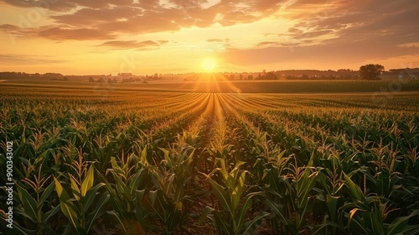 Fototapeta  vast cornfield bathed in the golden light of sunrise, with rows of corn plants stretching into the horizon.