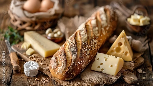 Fototapeta assortment of cheeses, a fresh baguette, and various nuts arranged on a rustic wooden table, presenting a classic French spread.