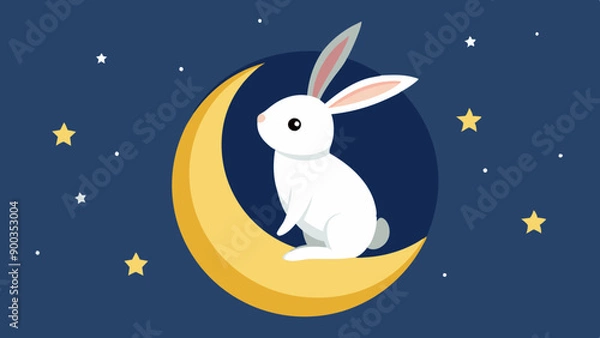 Fototapeta Vector Illustration of a Rabbit Sitting on a Crescent Moon with Starlight. Perfect for: Mid-Autumn Festival, Children's Projects, Festive Decor