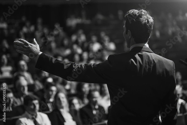 Fototapeta Charismatic speaker captivating audience with gestures and words