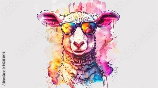 Fototapeta A cartoon style животное wearing sunglasses with a happy expression is depicted in a colorful ink painting style against a white background with clean lines and simple strokes. Generated AI