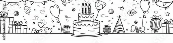 Fototapeta A joyful birthday party scene with balloons presents and a big cake topped with candles in the style of simple black and white colouring page for children with very basic detail plenty of white space