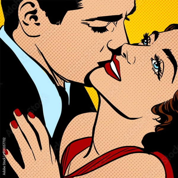 Obraz Retro lovers. Man and woman kissing in love, vector illustration of a typical American comic book page with rays and halftones