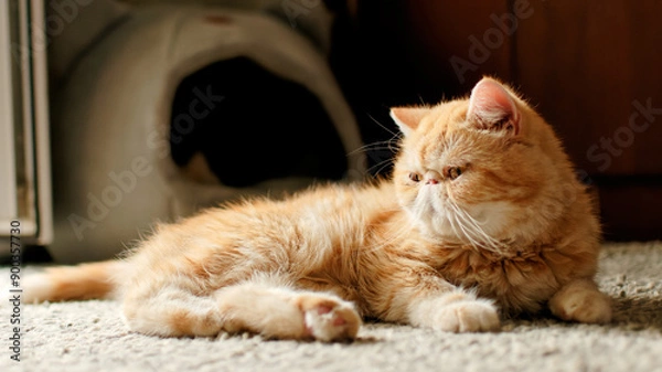 Fototapeta A red-haired exotic cat is lying on the floor in the room 3