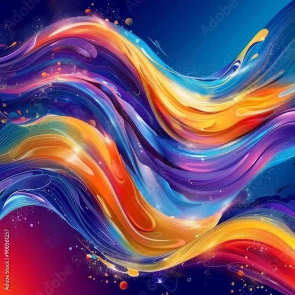 Fototapeta Abstract colorful wavy lines with glowing particles, vibrant background.
