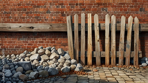 Fototapeta Watercolor textures of building materials. Old wooden fence, heap of natural cobblestones and destroyed brick wall -AI Generated