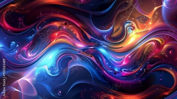 Fototapeta Abstract swirling pattern in vibrant blue, red, and yellow hues on a dark background.
