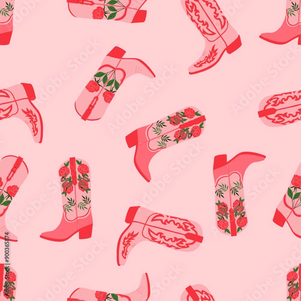 Obraz Seamless pattern with cowboy boots with different ornament. Wild West fashion style. Cowboy western theme. Pink background. Hand drawn vector illustration