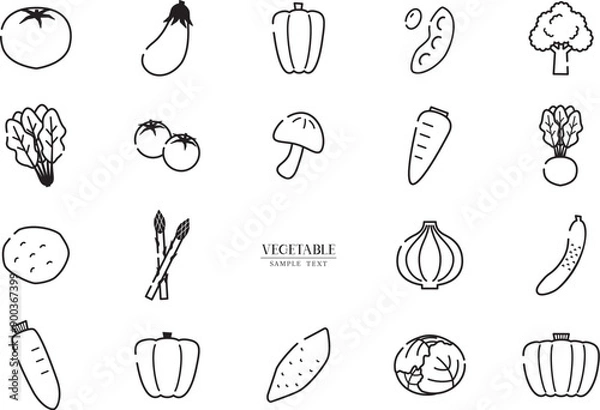 Obraz いろいろな野菜アイコン　白黒線画イラスト素材  / vector eps