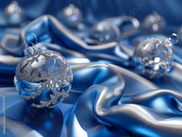 Fototapeta Silver Christmas ornaments on a bed of luxurious blue satin.  Photo conveys elegance and festive spirit.