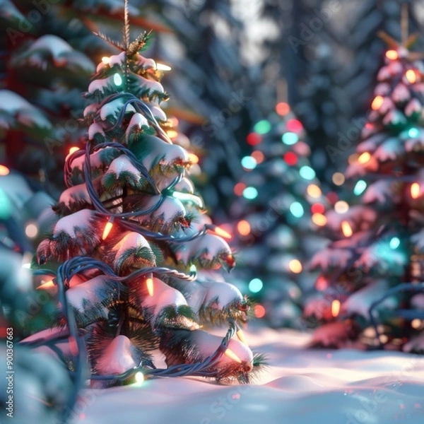 Fototapeta Snowy forest scene with Christmas lights adorning pine trees. Festive and magical winter atmosphere.