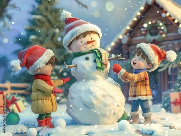 Fototapeta Two children in winter wear build a snowman outside a cozy cabin.  Snowflakes fall as they add the finishing touches.