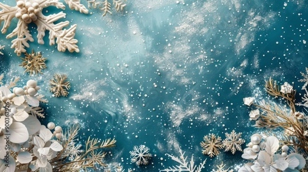 Fototapeta Winter wonderland background with snowflakes, pine branches and copy space.  Perfect for Christmas, New Year's or winter themed designs.
