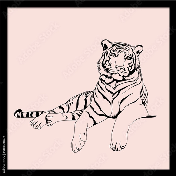 Fototapeta Vector illustration on line art of tiger in pink background frame