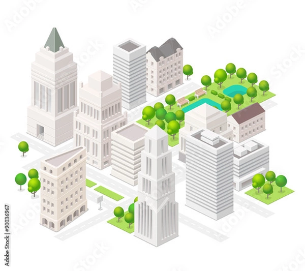 Fototapeta Big city. Set of the isometric vector elements. Skyscrapers, par