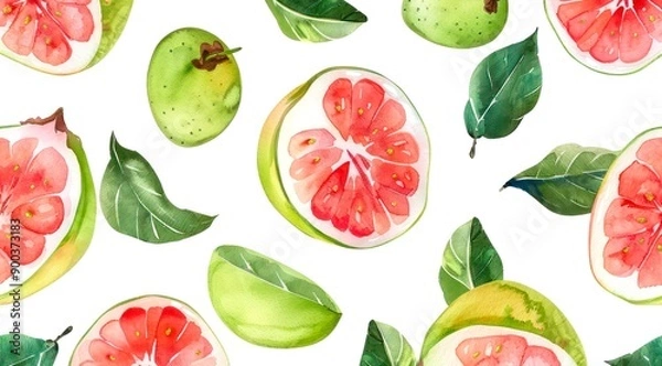 Fototapeta Watercolor pattern design with fresh guavas isolated on white background.