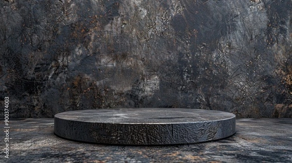 Fototapeta Dark textured round stone podium backdrop, perfect for product display and presentations in industrial or grunge themes.