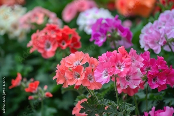 Fototapeta Photo of Assorted colors geranium flower in front garden , Generative AI