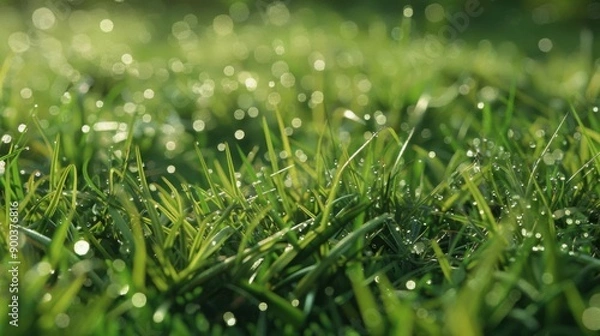 Fototapeta Close-up image of fresh green grass with dew drops