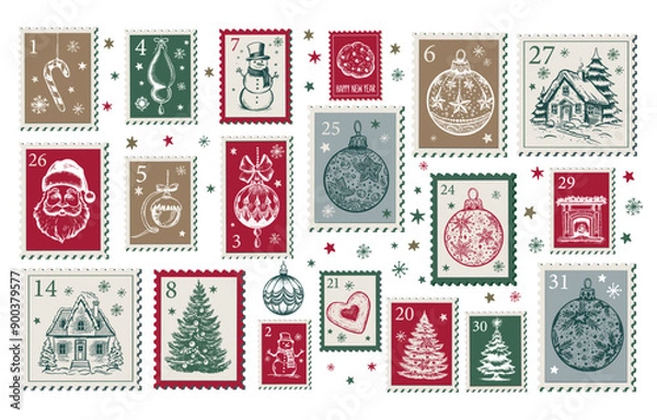 Fototapeta Advent calendar, Christmas Stamps, mail, postcard hand drawn illustrations.	