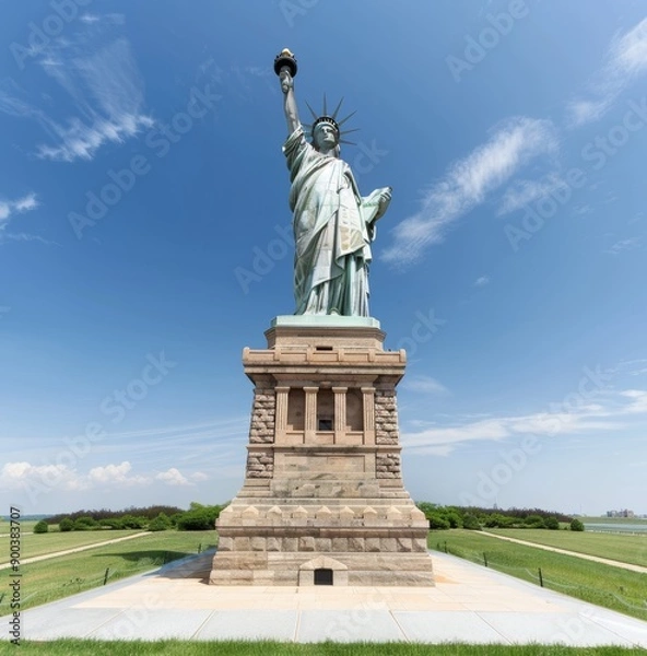 Fototapeta The Statue of Liberty stands tall against the blue sky, symbolizing freedom and adventure for all who come to New York City. The biomechanical girl is in the style of Sylvania documentary footage.