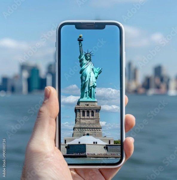 Fototapeta The Statue of Liberty stands tall against the blue sky, symbolizing freedom and adventure for all who come to New York City. The biomechanical girl is in the style of Sylvania documentary footage.