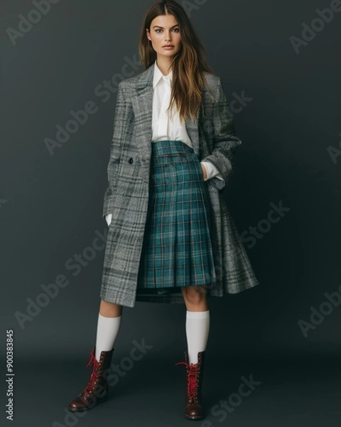 Fototapeta A Fullbody shot of beautiful girl model wearing a grey blazer with a white shirt, blue tartan kilt skirt and red boots in the style of Jacquemus on black sand, with a dark background and studio