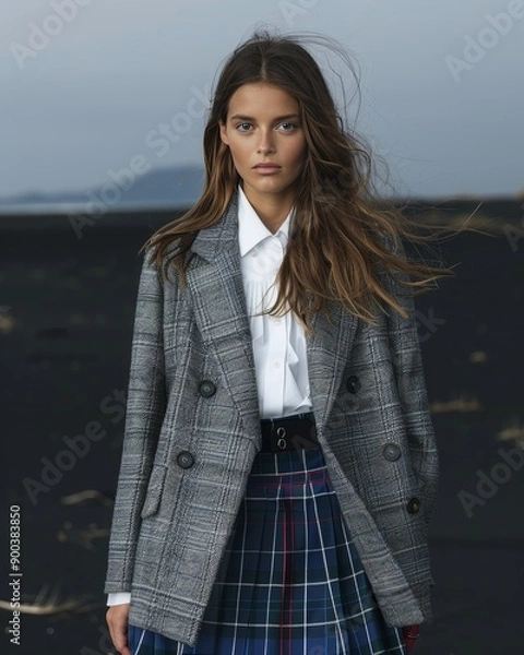 Fototapeta A Fullbody shot of beautiful girl model wearing a grey blazer with a white shirt, blue tartan kilt skirt and red boots in the style of Jacquemus on black sand, with a dark background and studio