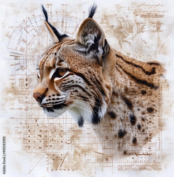 Fototapeta watercolor and ink, textured background of an ancient cave painting depicting the head portrait of a lynx in earth tones with gold accents in the style of an ancient cave painting.