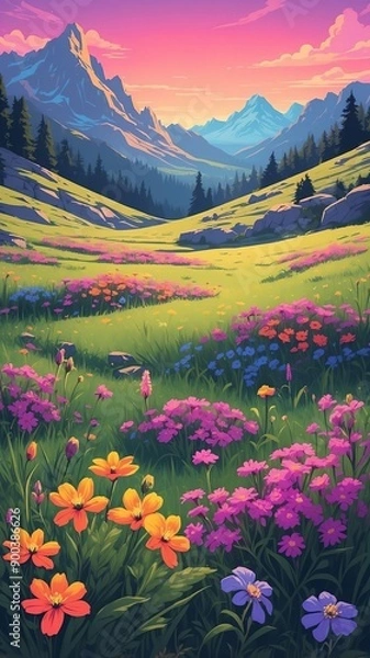 Fototapeta wildflowers in alpine meadow retro neon