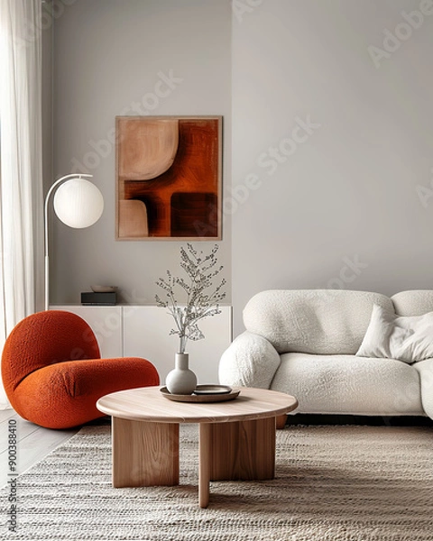 Fototapeta Japandi, minimalist interior design of modern living room with accent armchair and grey mock up wall with copy space.