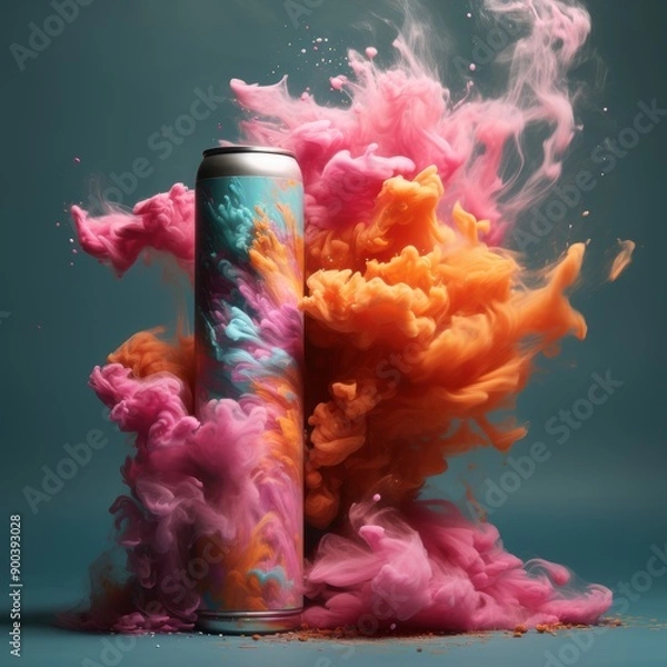 Fototapeta Pink aerosol can with cloud of colored powders stock photo, in the style of light orange and teal, video glitches, high quality photo, colorful explosions, striking composition, psychedelic surrealism