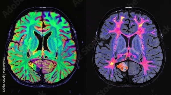 Fototapeta Colorful MRI Brain Scans Showing Neural Activity with Overlay Analysis