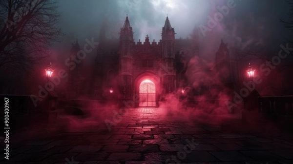Fototapeta Ethereal vampires in crimson mist, expansive view, dark and mystical setting, glowing eyes, enchanting atmosphere