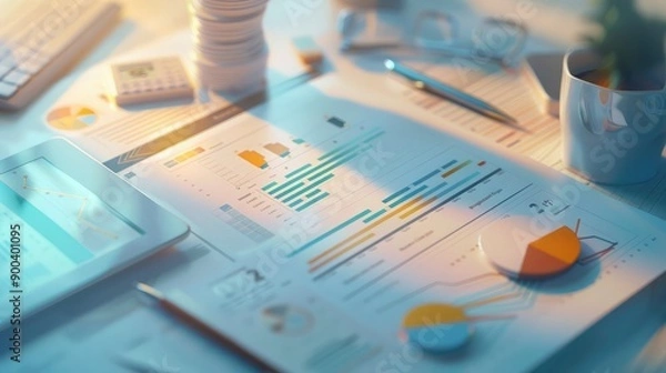Fototapeta 3D rendering of financial documents with interactive data, illustrating financial reporting.