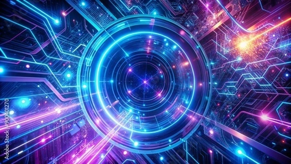 Fototapeta Vibrant futuristic digital backdrop featuring swirling circuits, glowing neon lines, and abstract geometric patterns in shades of blue, purple, and silver.