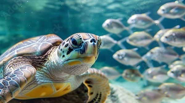 Fototapeta Turtle looking to the camera, followed by some silver fish