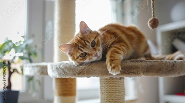 Fototapeta A cute cat playing and relaxing on a cat tree