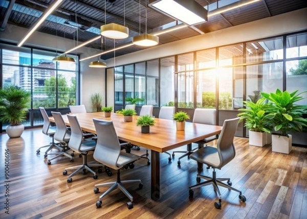 Fototapeta Modern blurred office interior space background with empty meeting table and chairs, computers and plants, conveying a sense of professional business atmosphere.