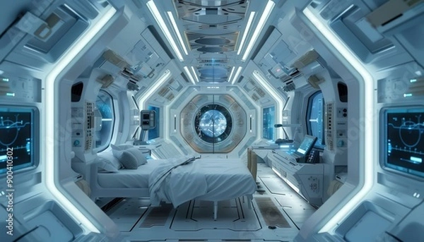 Fototapeta Futuristic bedroom in a space habitat, featuring sleek designs, advanced technology, and a view of the starry cosmos through a portal.